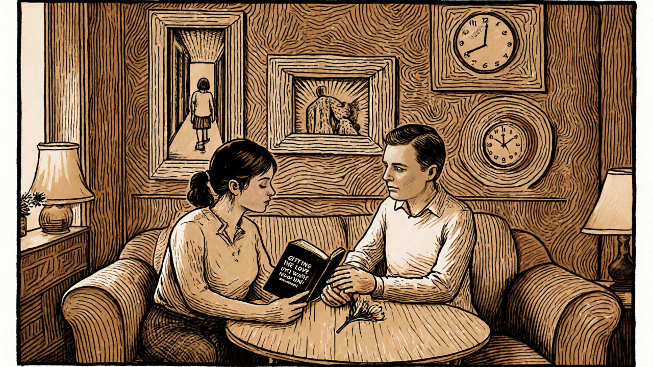 Český pár s knihou a květinou, za nimi dřevořezné panely s dětskými zraněními, teplé osvětlení.