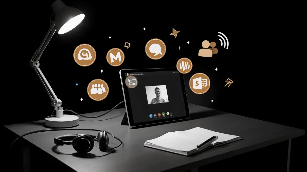 Domácí kancelář s tabletovým videohovorem, sluchátky a ikonami Skype, WhatsApp, Google Meet.
