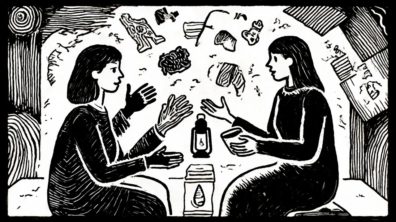 Tři kroky Imago dialogu: mluvící, opakující a terapeut s lucernou, dětské vzpomínky ve vzduchu.