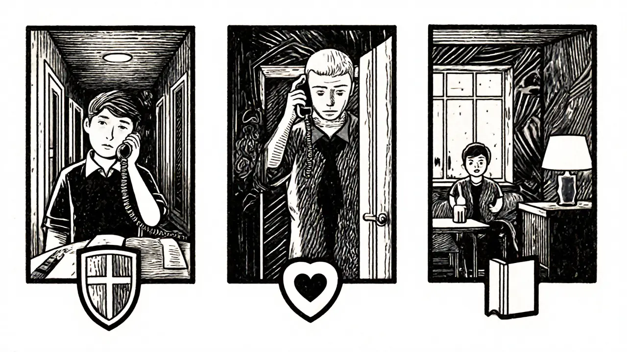 Tři panely ukazují teenagera, dospělého a rodiče s telefonem, symbolizují různé krizové linky.