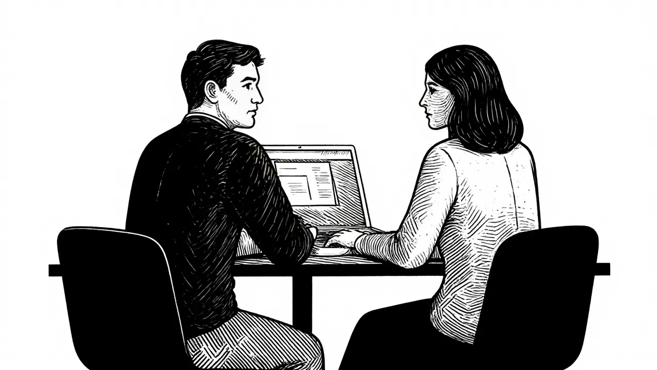 Dva terapeuti pracují s párem, v pozadí naznačený laptop.