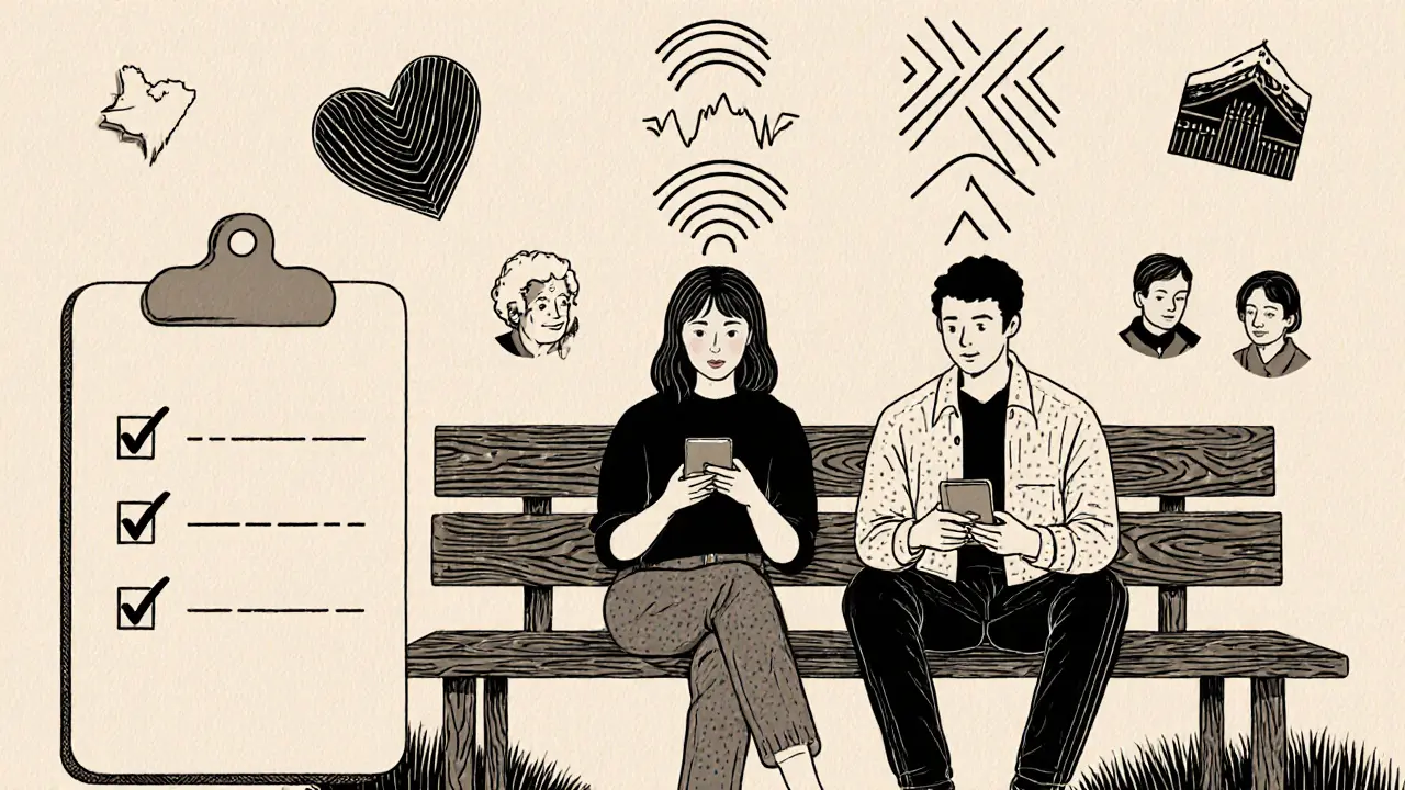 Pár používá aplikaci, digitální vlny emocí a symboly podpory.