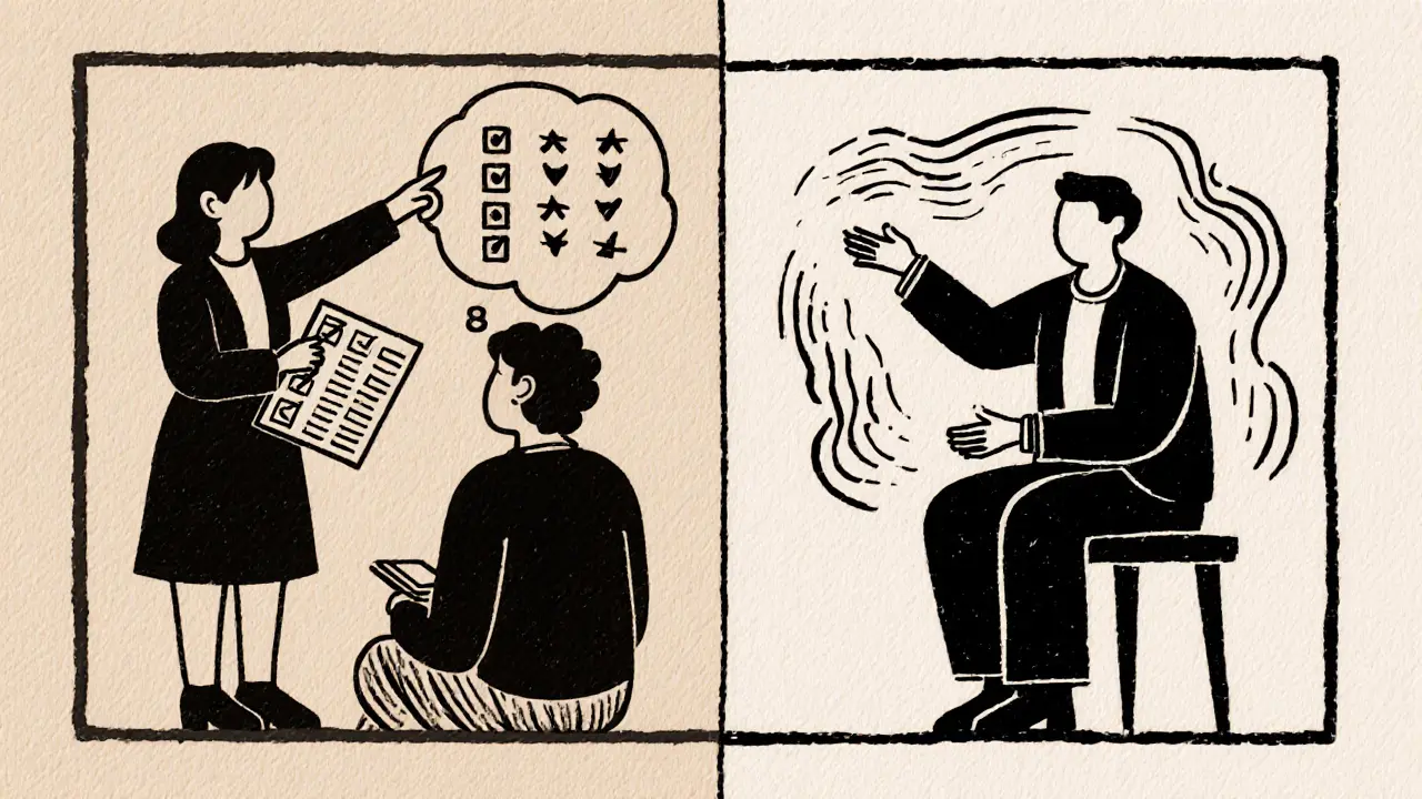 Woodcutová ilustrace kontrastu mezi aktivním terapeutem a empatickým posluchačem.