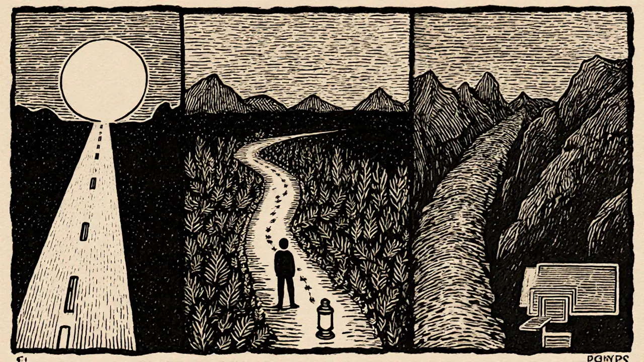 Woodcutová ilustrace osoby na křižovatce vybírající různé terapeutické cesty.