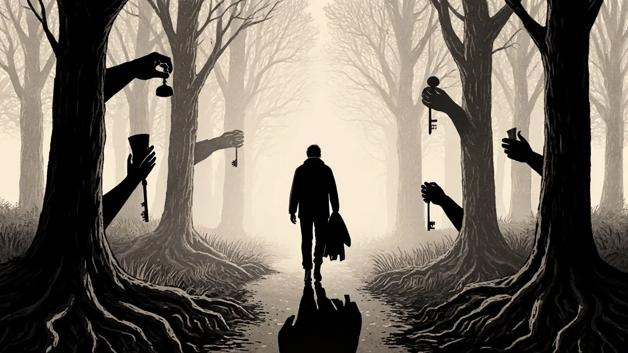 Cestující v lese je symbolicky podporován neviditelnými rukama z přírody.