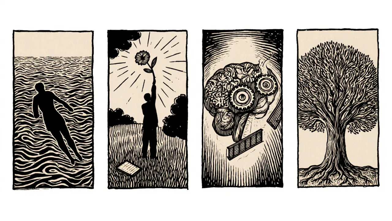 Čtyři woodcutové panelové obrazy: psychodynamika, humanistická terapie, KBT a systémová terapie, každý s charakteristickými symboly.