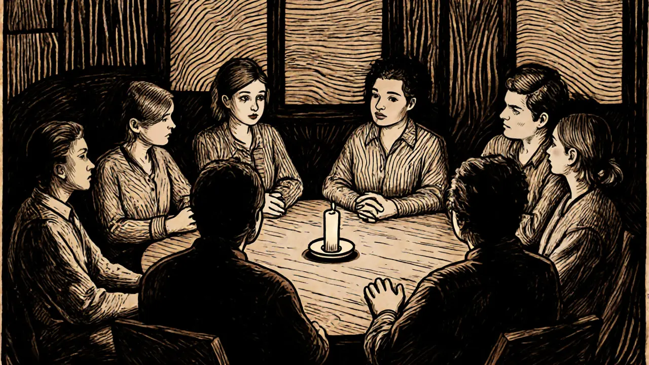 Skupina lidí se sešla kolem stolu, poslouchá a podporuje se navzájem.