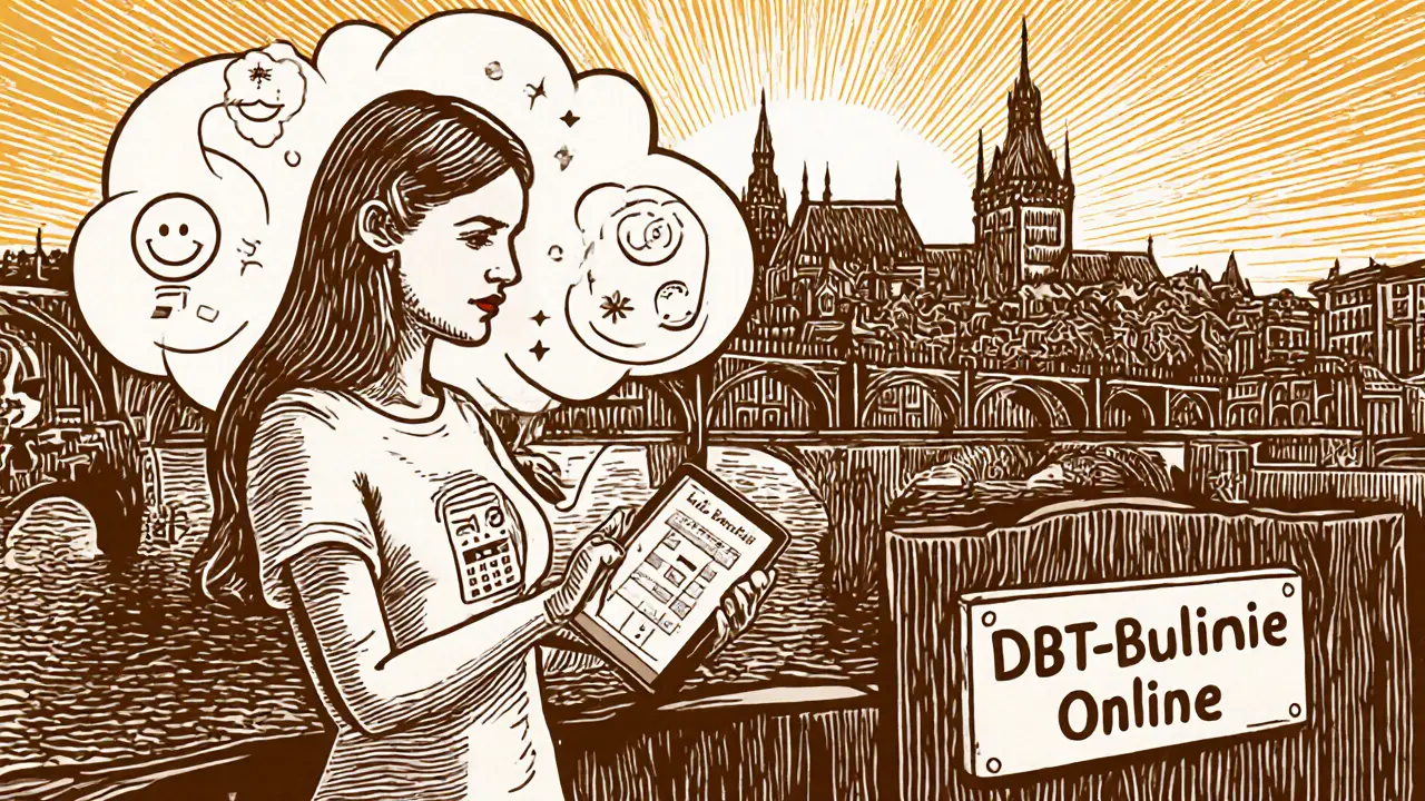 Budoucí digitální platforma DBT v dřevorytovém stylu, s pacientem používajícím aplikaci a panoramatem Prahy.