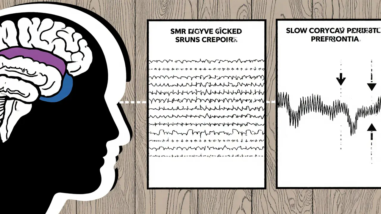 Rozdělený obrázek ukazuje tři neurofeedback protokoly s mozkem a vlnami.