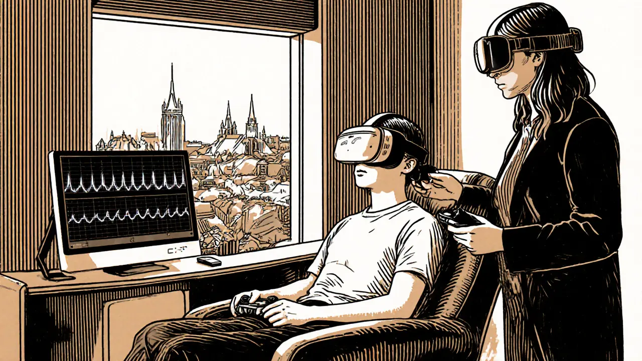 Teenager v VR headsetu a EEG čepici v moderním neurofeedback centru.