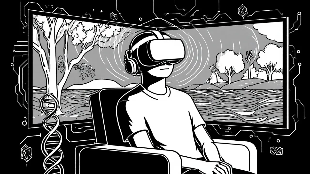Osoba ve VR headsetu obklopena DNA a digitálními motivy, vyjádření budoucí léčby.