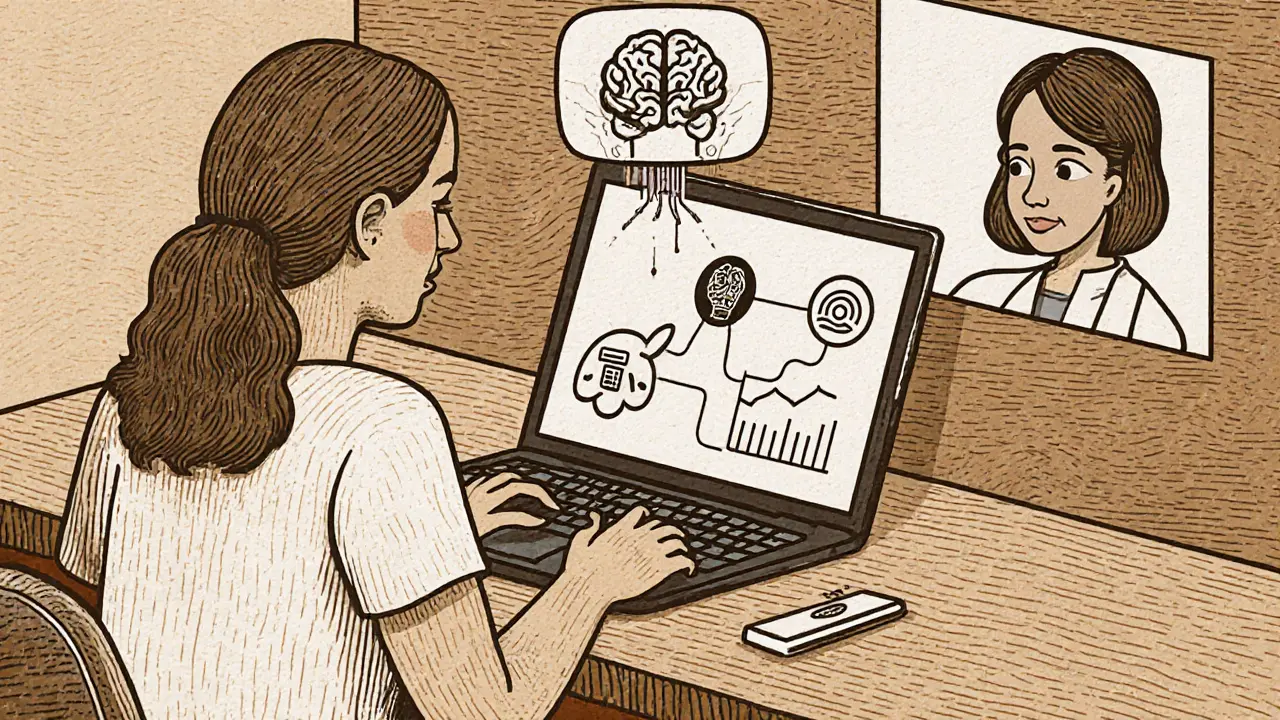 Digitální podpora CBT‑E: pacient s laptopem, AI grafy a videohovor s terapeutem.