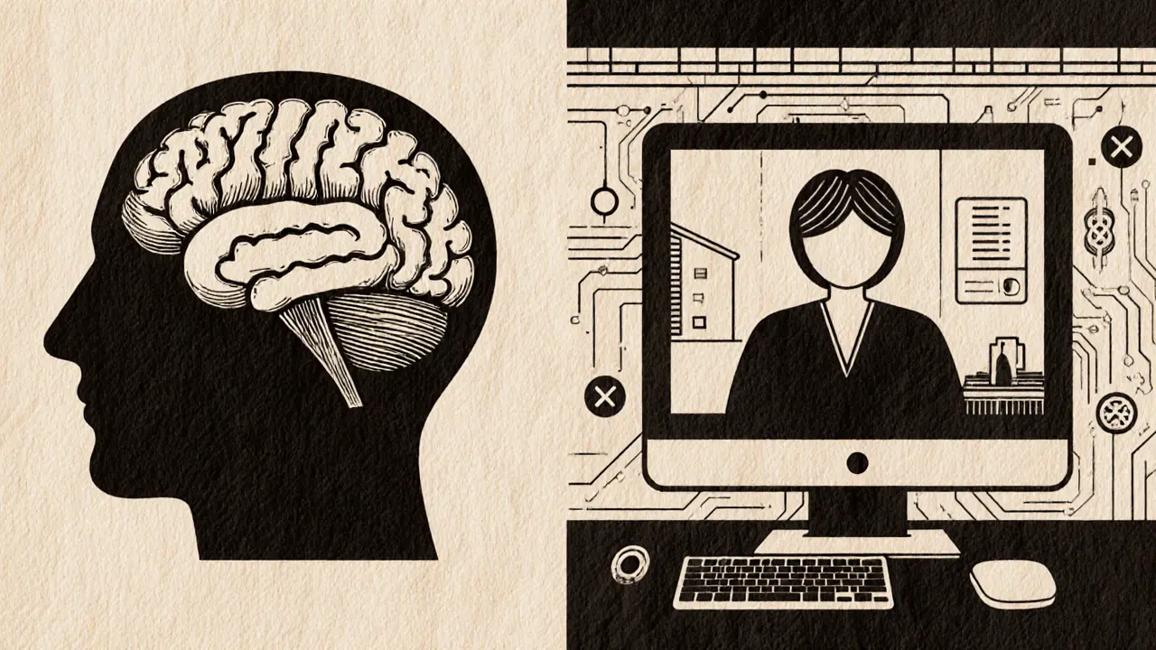 Mozek s neuroplastickými změnami a teleterapeutické sezení přes počítač.