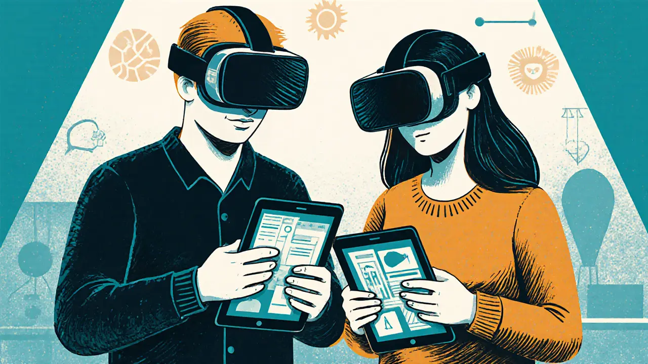 Pár používá virtuální realitu a aplikaci pro domácí cvičení během moderní párové terapie.