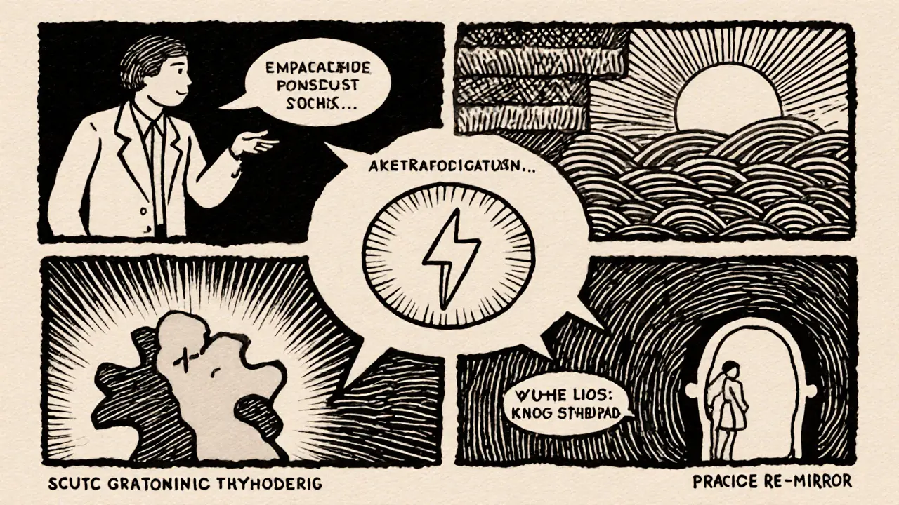 Sedm psychologických procesů zobrazených jako propojené scény kolem rozhovoru.