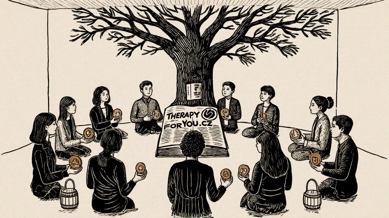 Různí expati sedí v kruhu, drží dřevěné symboly svých zemí, zatímco nad nimi roste strom pomoci.