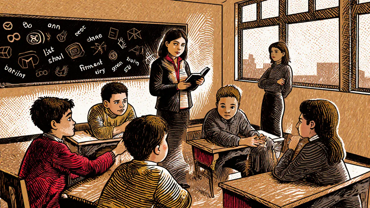 Skupinová terapie ve třídě, kde psycholog vede studenty v kruhu.