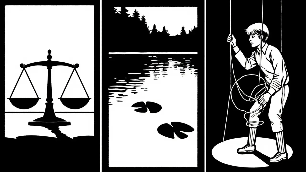 Dřevoryt ukazuje tři symboly: dosažení cíle, stagnaci a terapeutickou závislost.