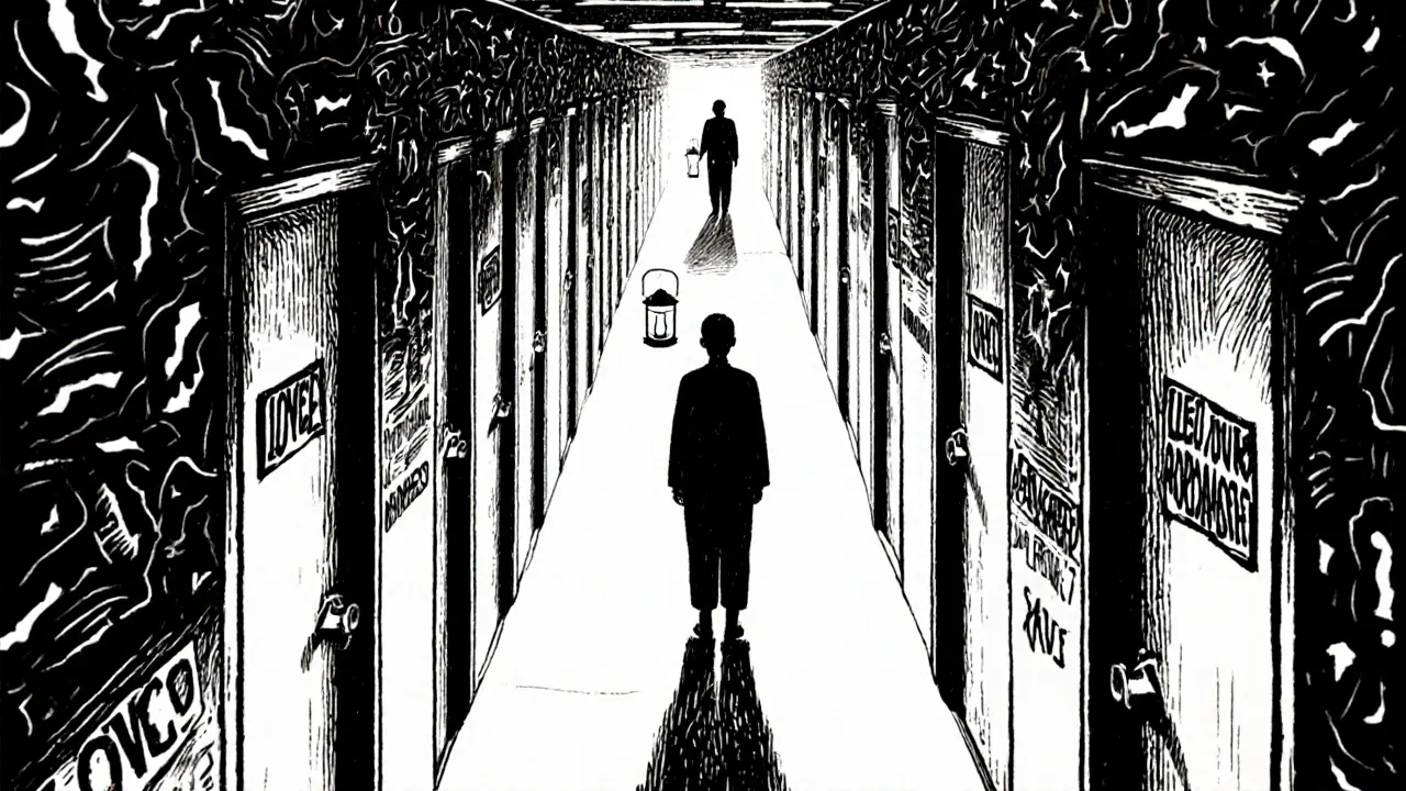 Pacient ve výběžku s dveřmi označenými &#039;Líbený&#039; a &#039;Opuštěný&#039;, osvětlený jedinou lampou.