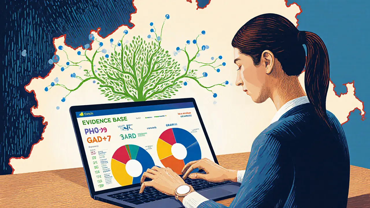 Terapeut pracuje s digitálním dashboardem a mapou ČR, dřevoryt.