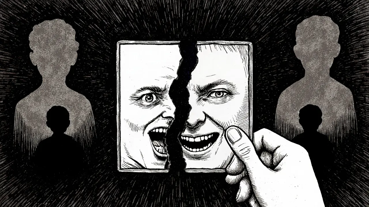 Terapeut ukazuje na zrcadlo rozdělené na dvě protichůdné verze téže tváře.