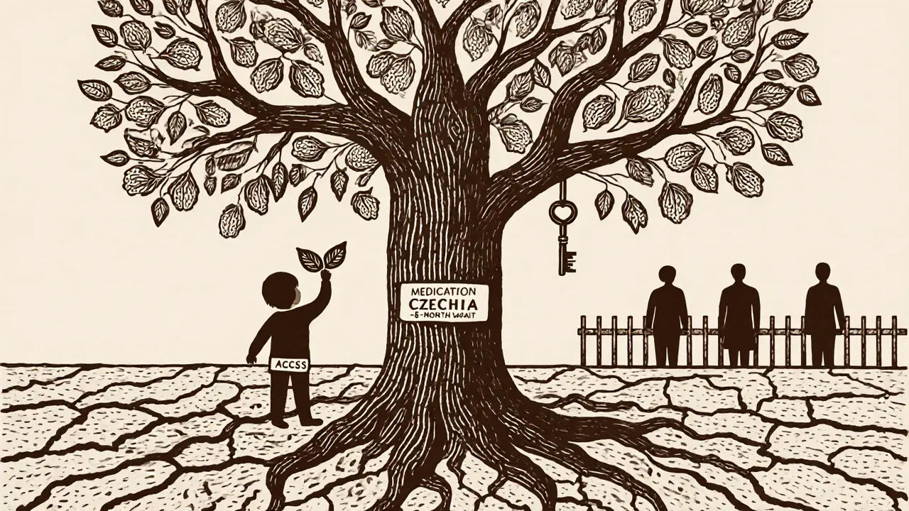 Strom s kořeny léků a větvemi terapie, dítě a dospělý pod ním.