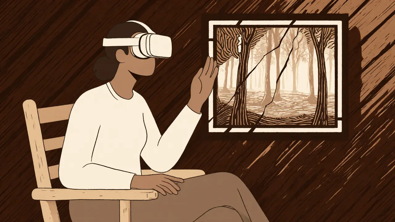 Terapeut vede pacienta s VR brýlími, v dřevotisku se objevuje klidná lesní scéna.