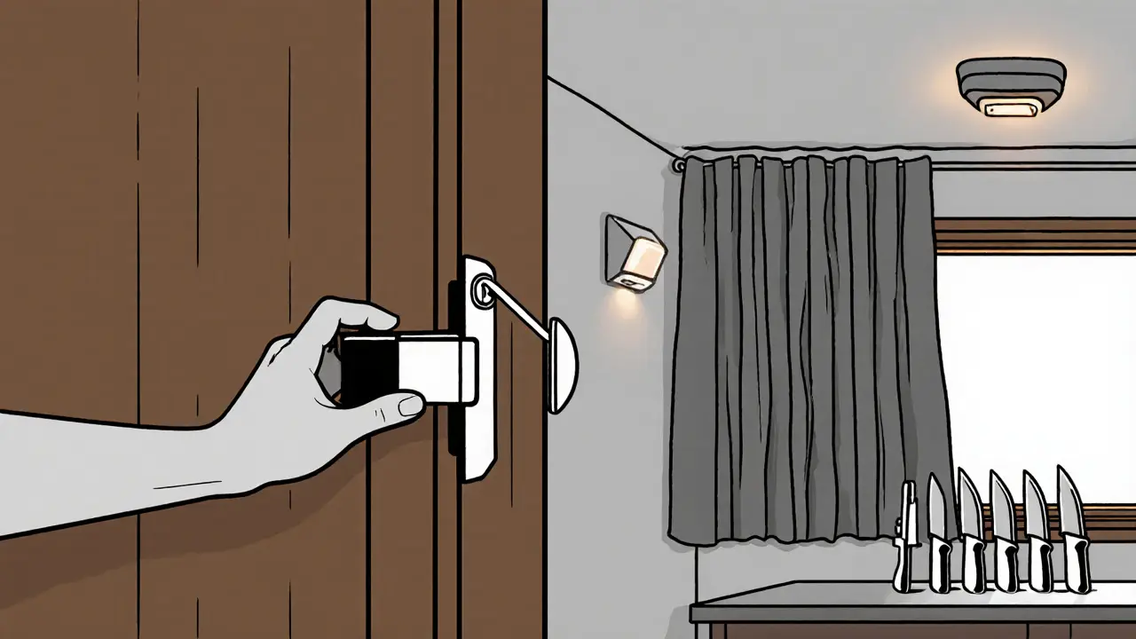 Zamykatelná skříňka, zamčené nože a bezpečnostní závěsy na okně s pohybovým senzorem.