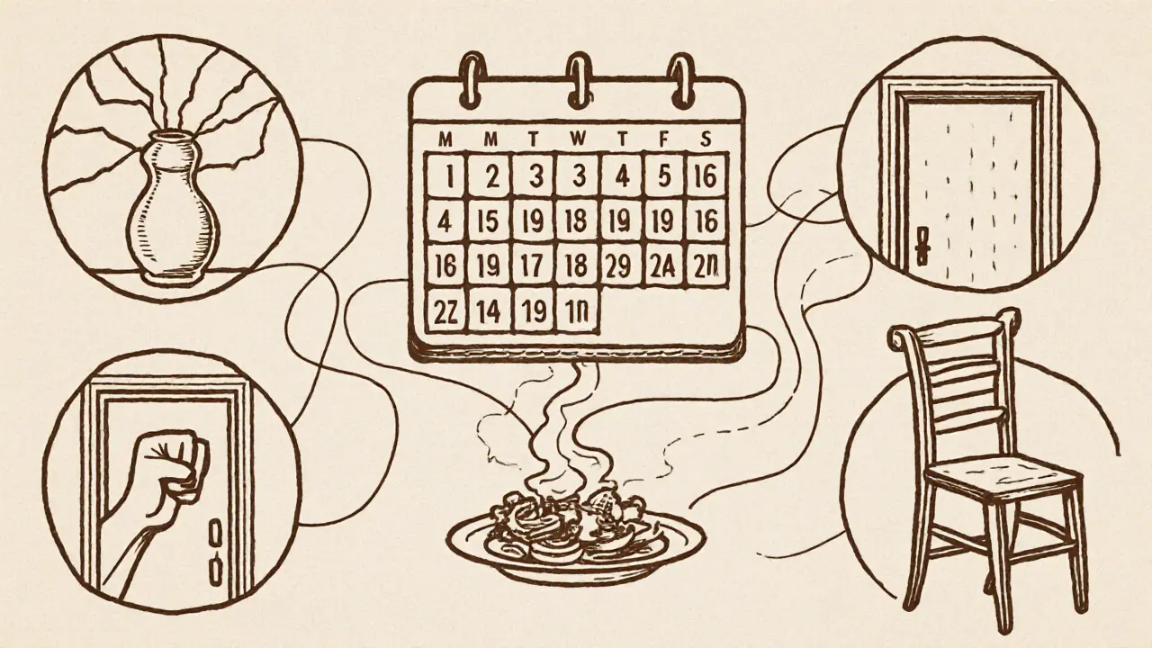 Kalendář s 20 sezeními, kolem něj symboly ztráty, konfliktu, přechodu a izolace.