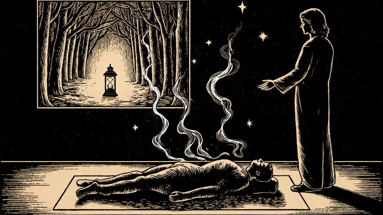 Klient s tělesným uvolněním a vnitřním bezpečným místem v podobě lesa s lampou.