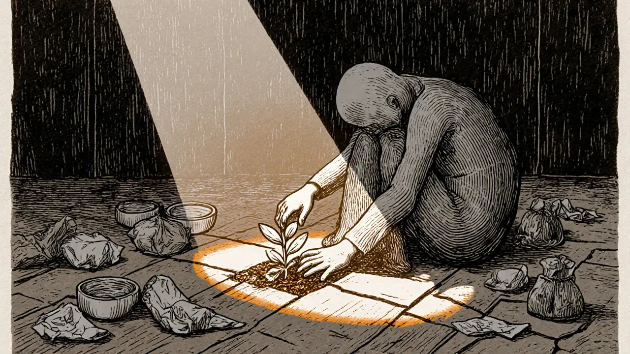 Osamělá postava se kouká na malou rostlinu rostoucí skrz praskliny v podlaze.