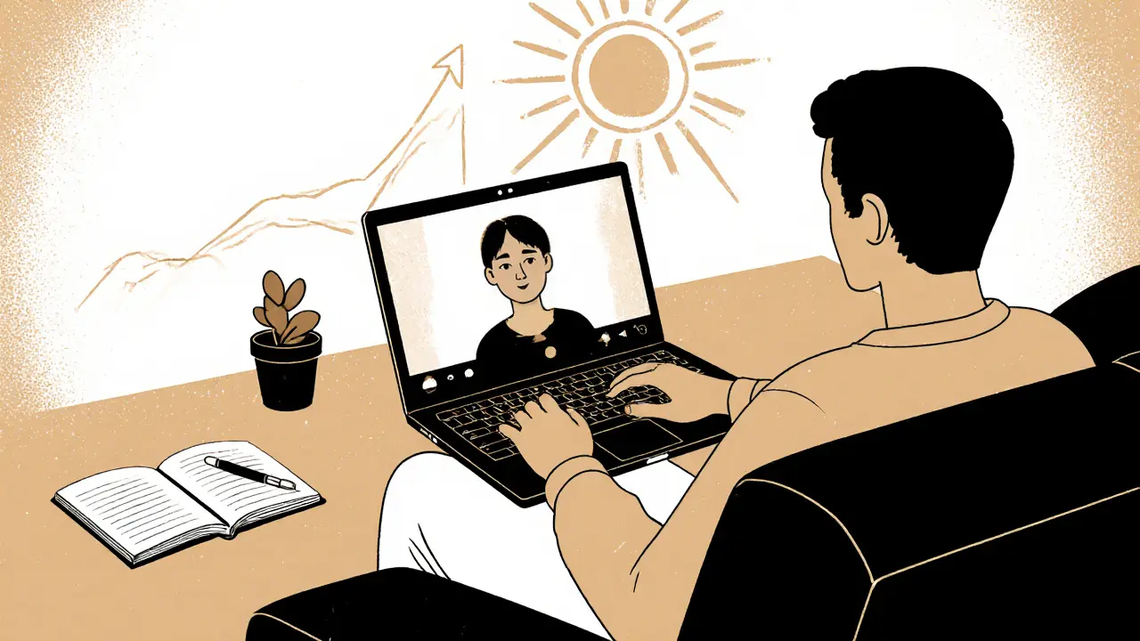 Osoba při online terapii na notebooku, vedle deníku a symbolu pokroku.