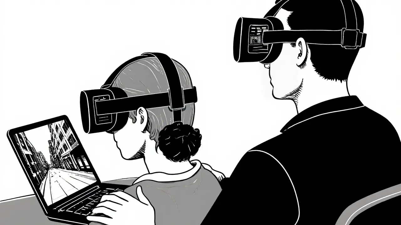 Pacient s VR headsetem během ERP, terapeut ho podporuje.