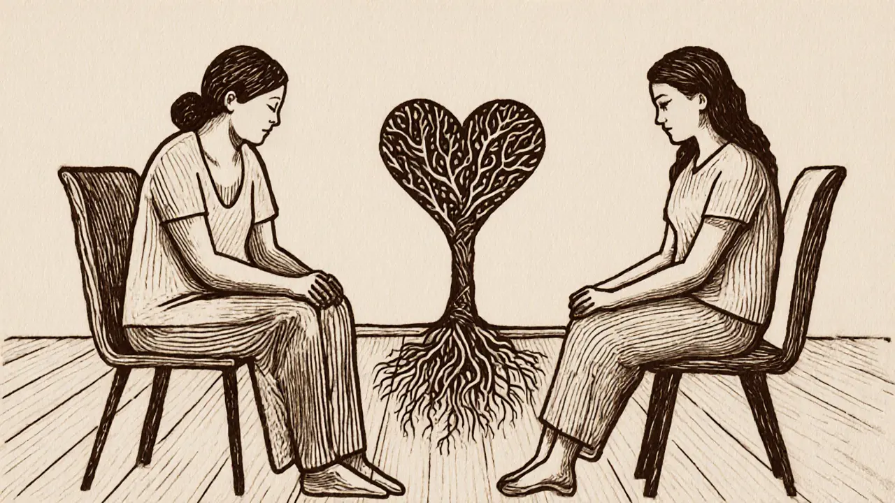 Terapeut a pacient sedí proti sobě, mezi nimi strom s kořeny tvaru srdce.