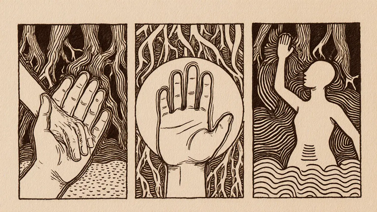 Tři symboly bezpečné terapie: spojení, kontrola a regulace v ochraňujícím kruhu.