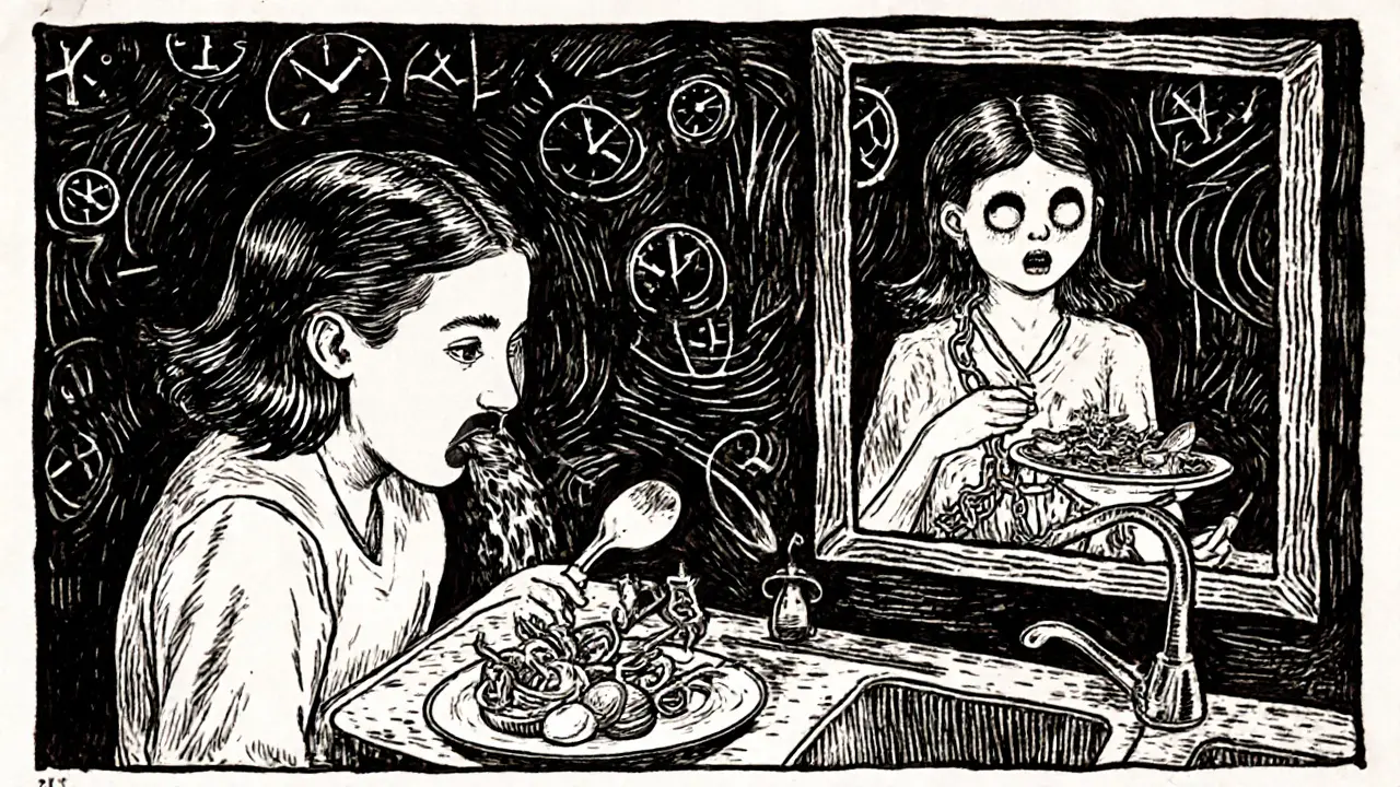 Žena zvrací do sinku, její odraz ukazuje prázdnou postavu držící lžíci.