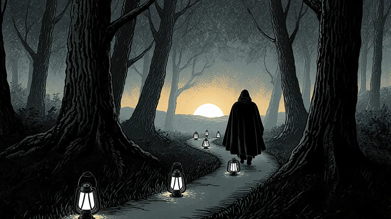 Cesta lemovaná svíčkami, vedoucí k jasné obloze ve mlze.