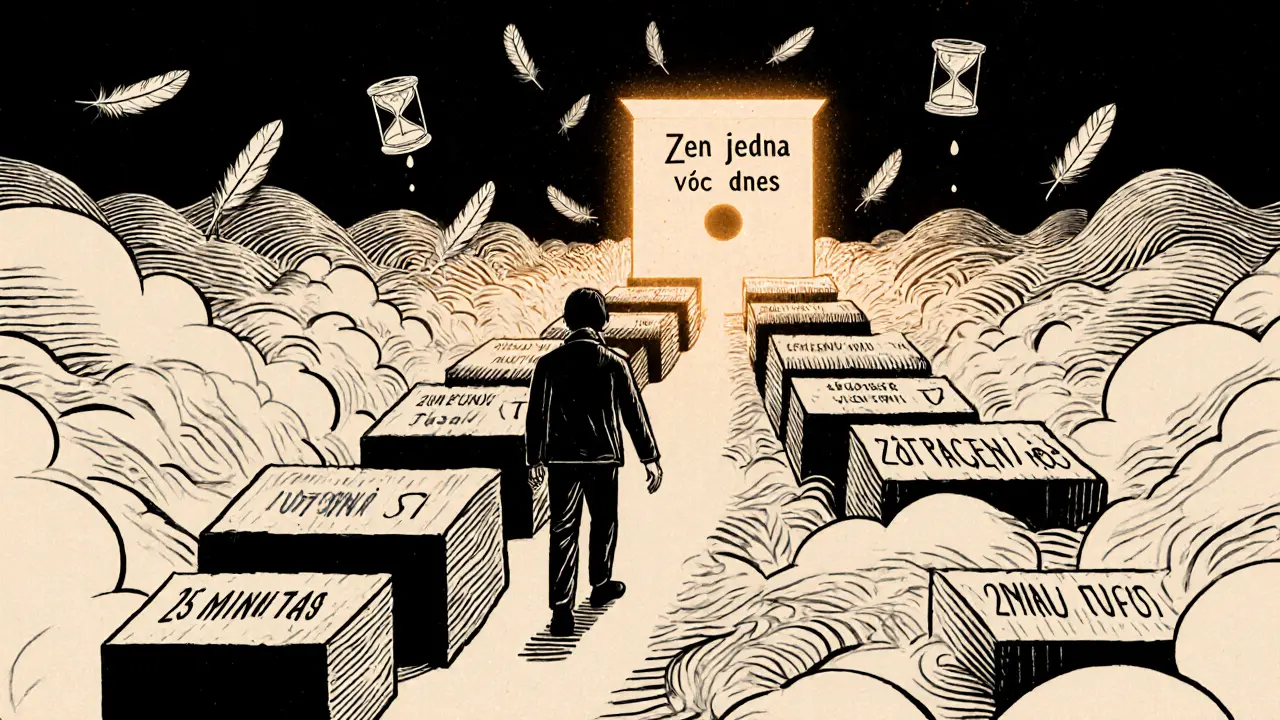 Člověk na cestě z 15minutových bloků, za ním mlha, vpředu jasný cíl: &#039;Jen jedna věc dnes&#039;.