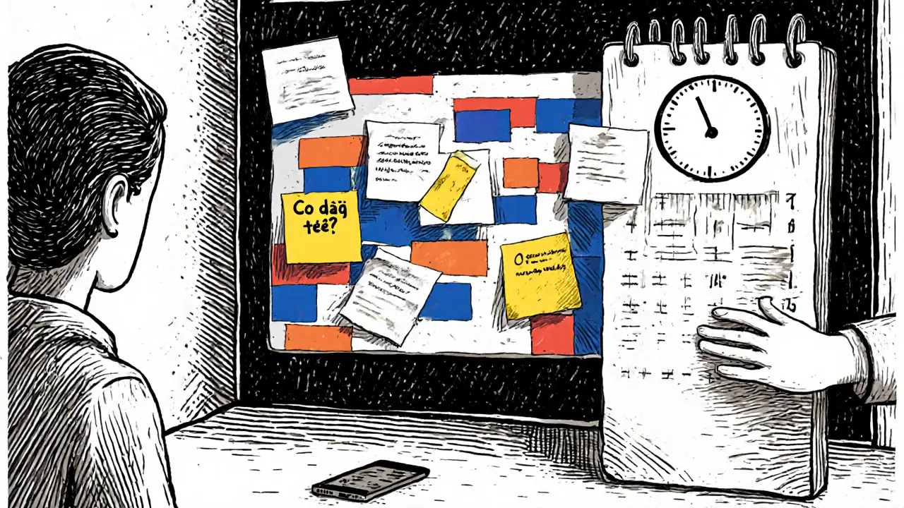 Člověk před stěnovým kalendářem s nálepky a analogovými hodinami, s partnerem v pozadí.