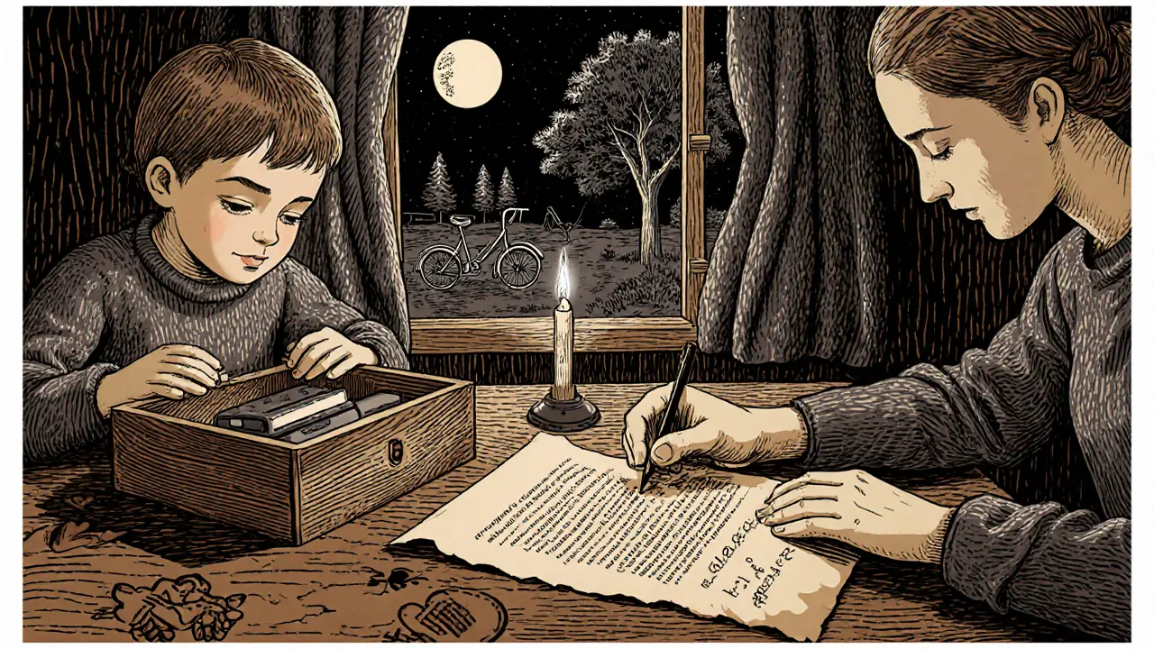 Dítě a rodič podepisují digitální smlouvu na kuchyňském stole, zařízení jsou uložena v krabici.