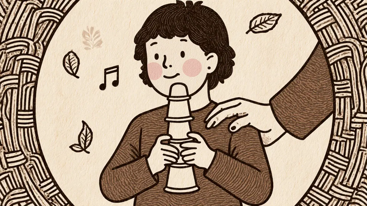 Dítě drží věž z pohárků, dospělý klidně položí ruku na rameno, kolem nich bezpečný kruh.