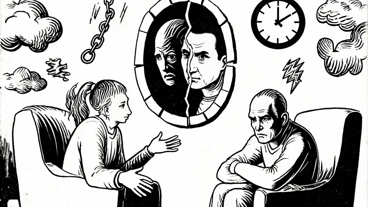 Dva lidé v terapii — jeden se přiklání, druhý se stahuje — mezi nimi rozbité zrcadlo.