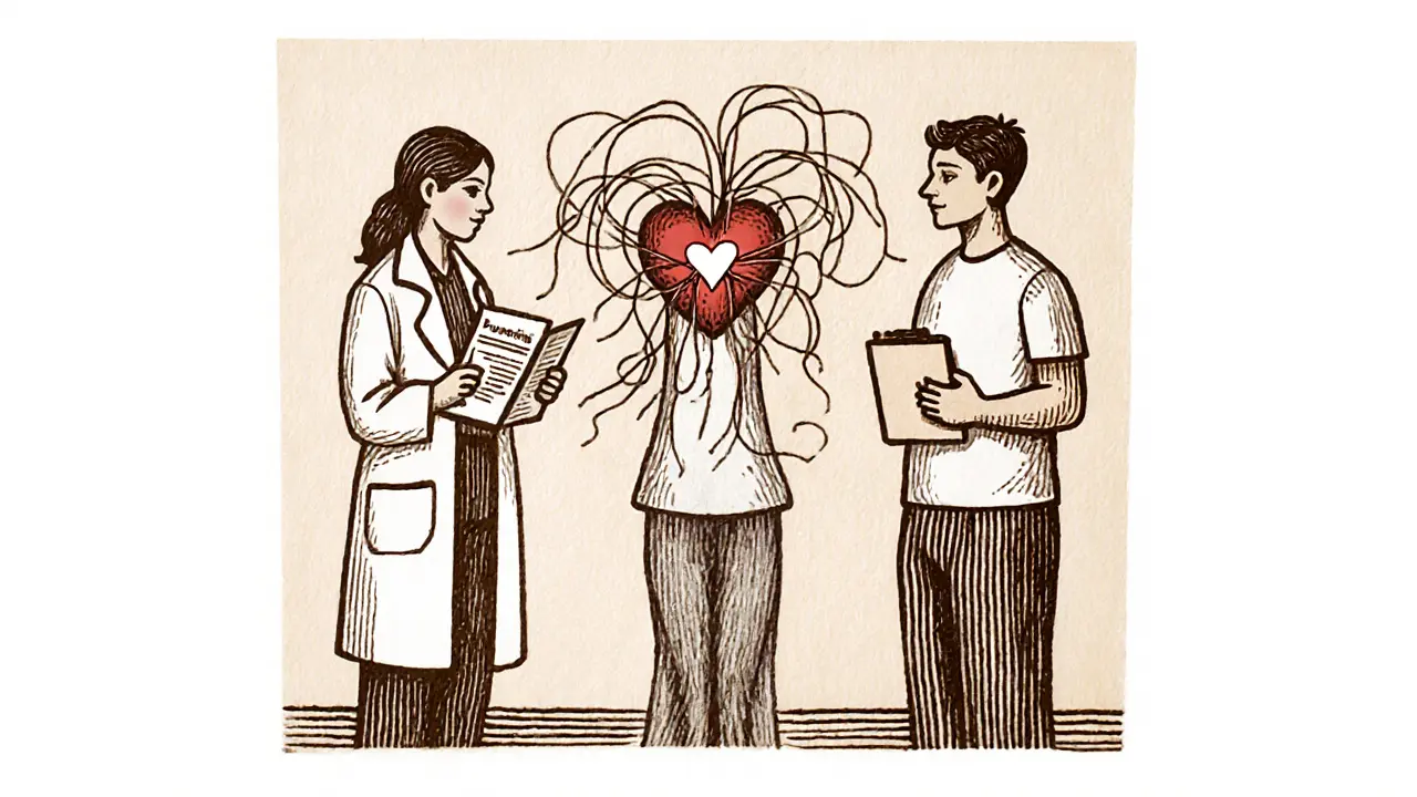 Dva odborníci stojí po stranách pacienta, nitě spojují jejich ruce s jeho srdcem.