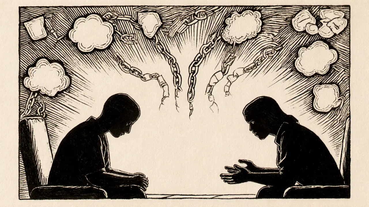 Dvě osoby v terapeutické místnosti, propojené jemnými čarami.