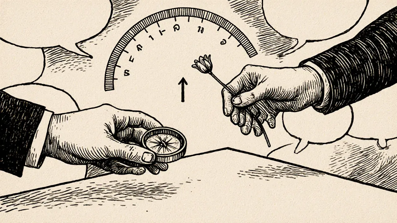 Dvě ruce se dotýkají přes stůl, jedna drží kompas, druhá květinu, mezi nimi plave škála s ukazatelem stoupajícím nahoru.