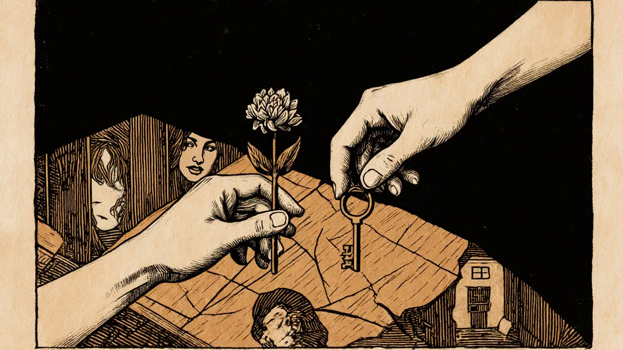 Dvě ruce se snaží dosáhnout na sebe přes prasklý stůl, mezi nimi květ a klíč.