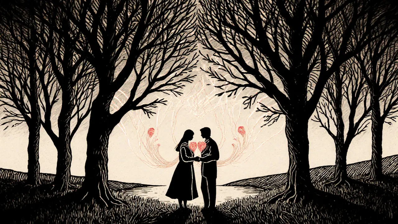 Dvojice ve včerejším lese, jejich srdce propojena světelnými nitkami, za nimi stíny minulosti.