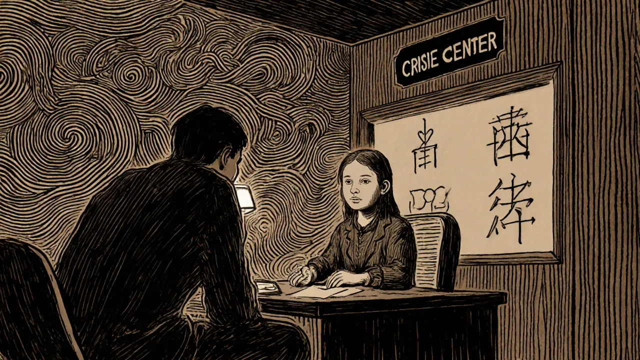 Krizové centrum v noci: operátor a osoba v krizi sedí spolu v klidné místnosti, zatímco úzkost se mění v klid.