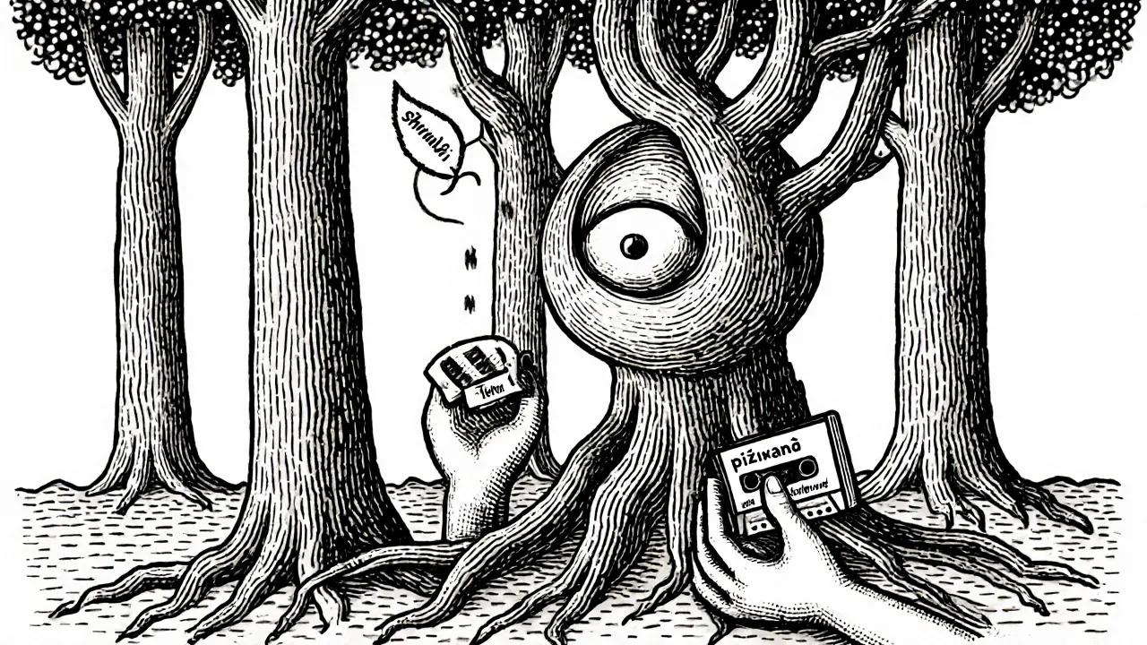 Les tvaru lidské hlavy s kořeny jako ruce držící nahrávky, list s &#039;shrnutím&#039; se snáší.