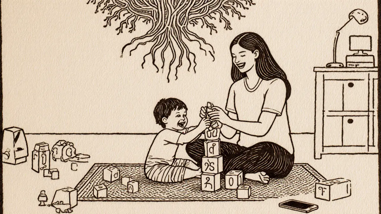 Matka a dítě společně stavějí věž z dřevěných kostek, plně přítomní, bez rozptylování.